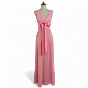Vintage 70s 80s Maxi Dress Women’s XS Pink V-Neck Tie Bodice Sleeveless‎